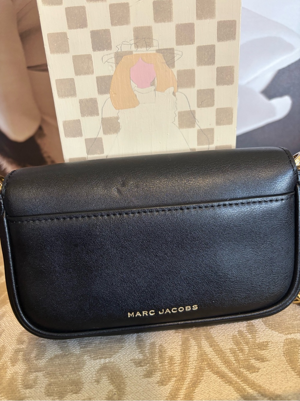 Marc Jacobs Black Leather Crossbody with Gold Chain and Branded Cream Strap - Picture 6 of 13